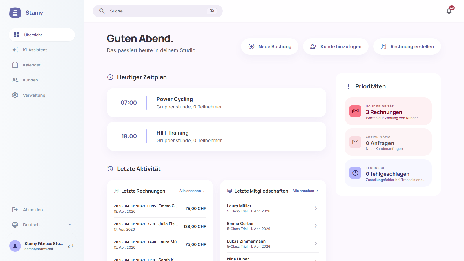 Stamy Dashboard mit Übersicht über Kalender, Kunden und Aufgaben